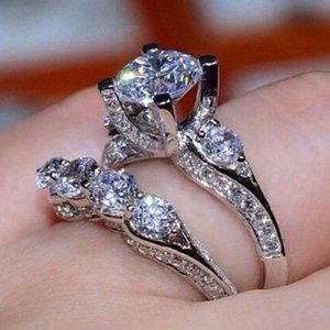 NEW 2PC/Set Silver Round Diamond Engagement Ring 1